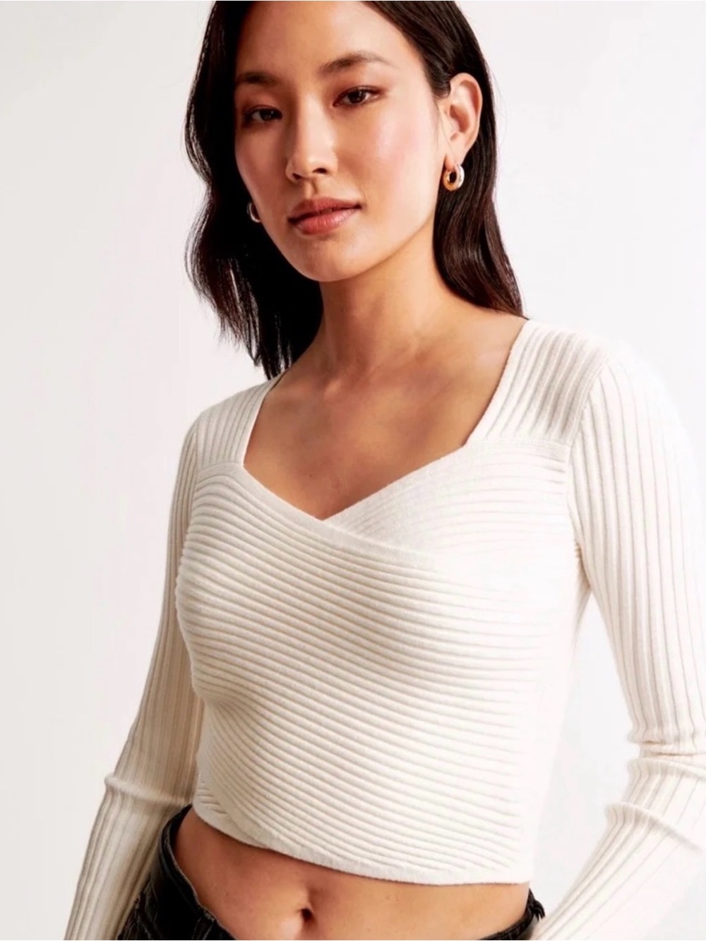 A&F LuxeLoft Slim Wrap Cropped Ribbed Sweater in Cream